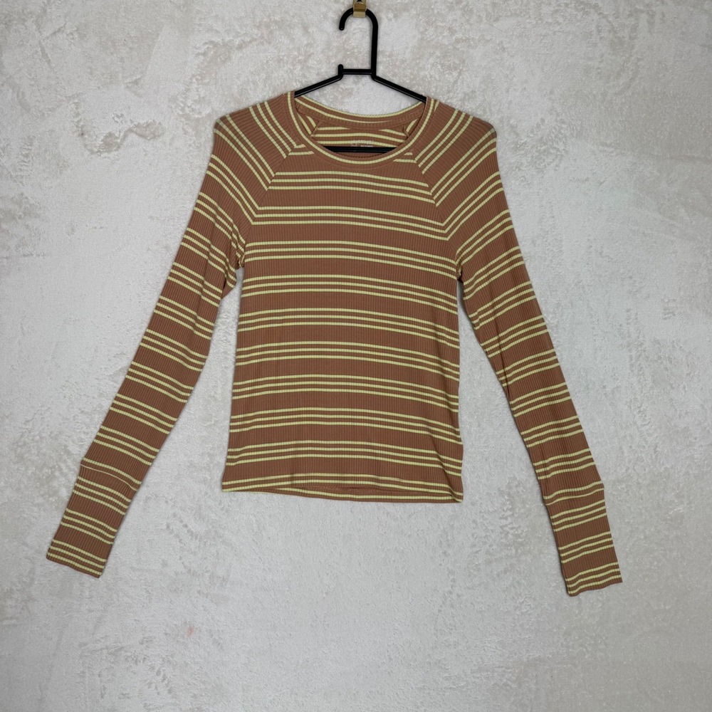 OFFLINE by Aerie Womens Brown Lime Green Striped Ribbed Raglan Top Small NEW